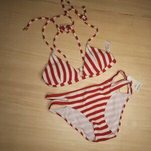 So New Red Gold White Textured Bikini Small